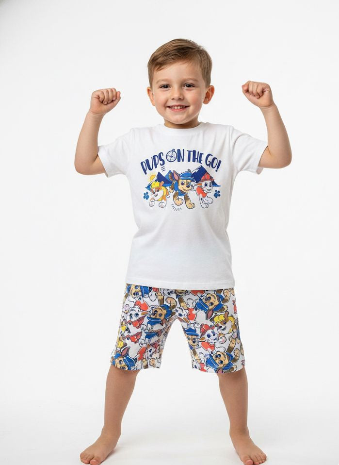 Child wearing a white t-shirt with cartoon characters and patterned shorts on a white background